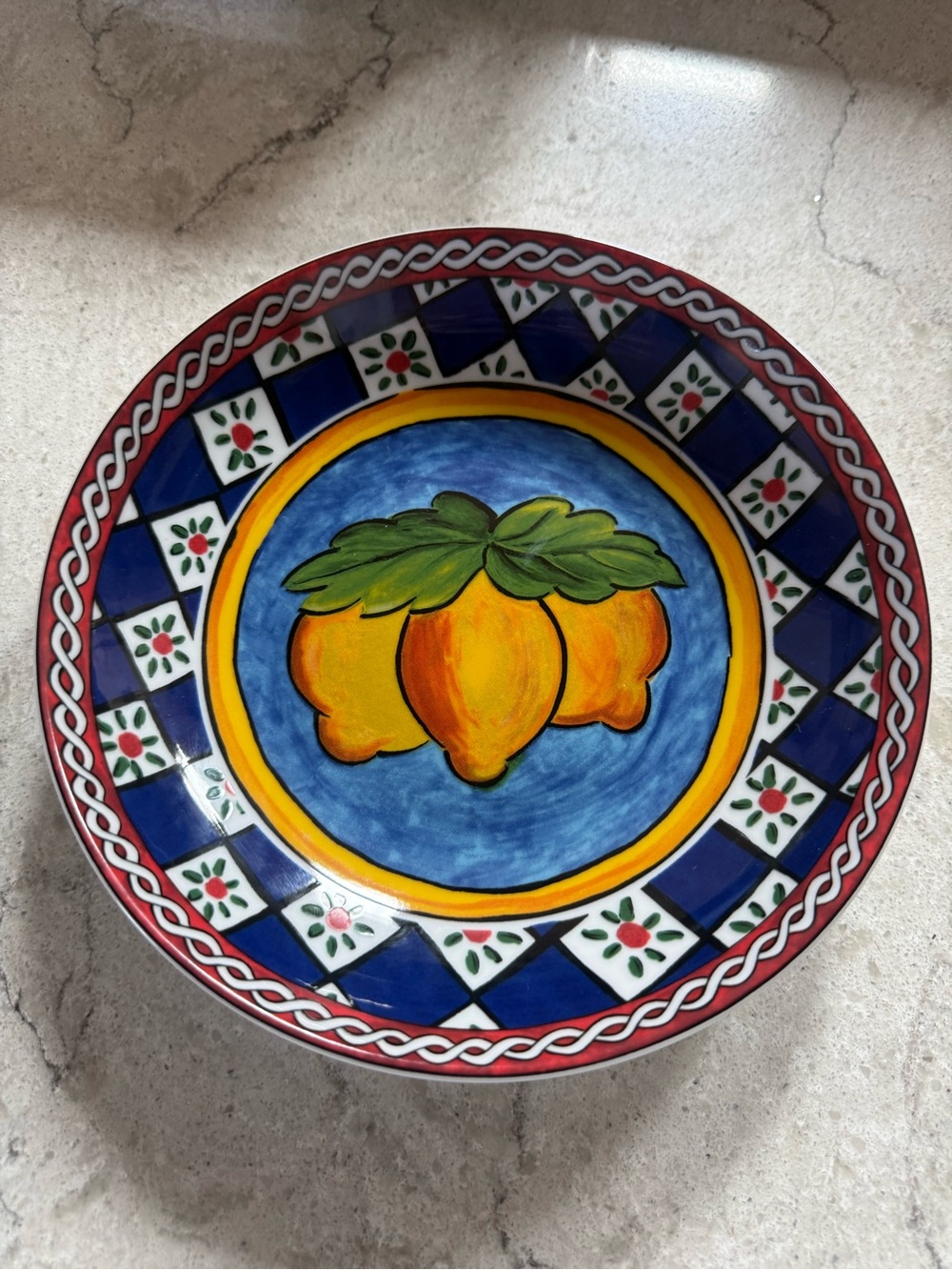 Dolce & Gabbana Hand-Painted Citrus Motif Low Bowl in Blue, Yellow, Green Red